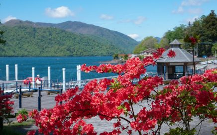 Veduta del Lago Chuzenji con gazebo e azalee